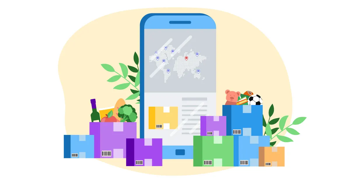Cell phone with a world map surrounded by boxes