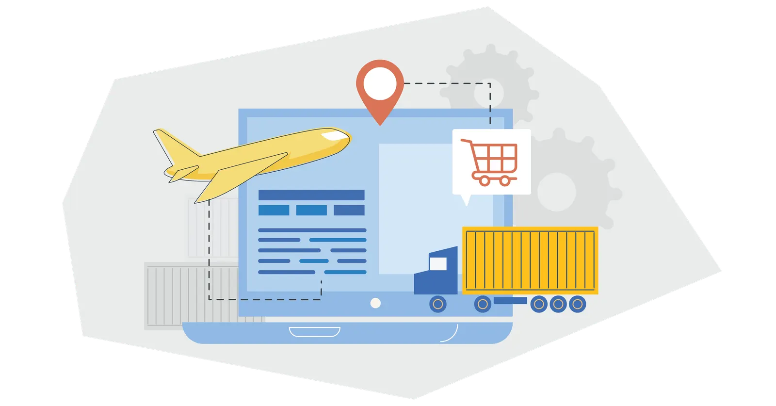 a computer screen surrounded by an airplane and a shipping container