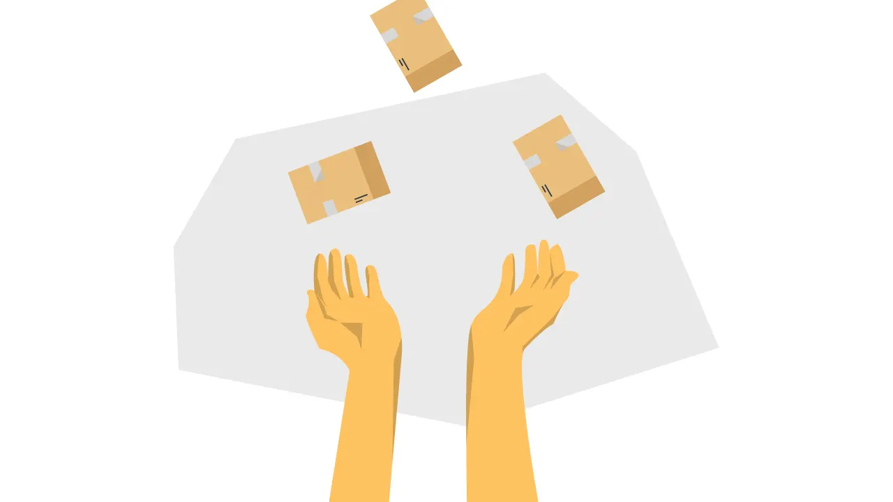 two hands juggling 3 boxes