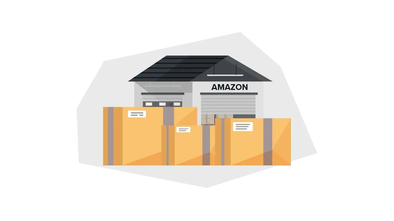 boxes in front of a warehouse that says "Amazon"