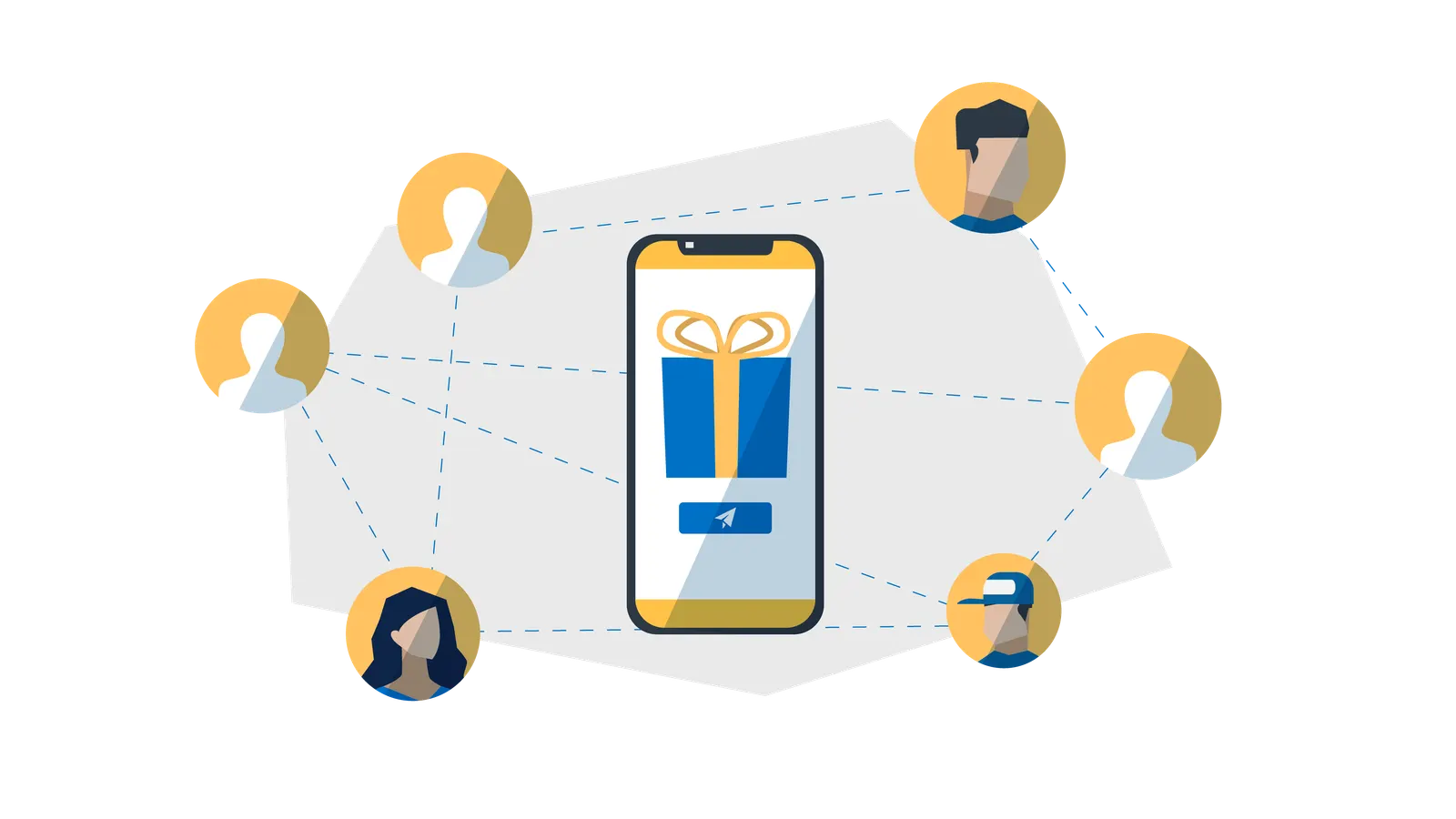 a mobile phone displaying a package and customers connected to each other
