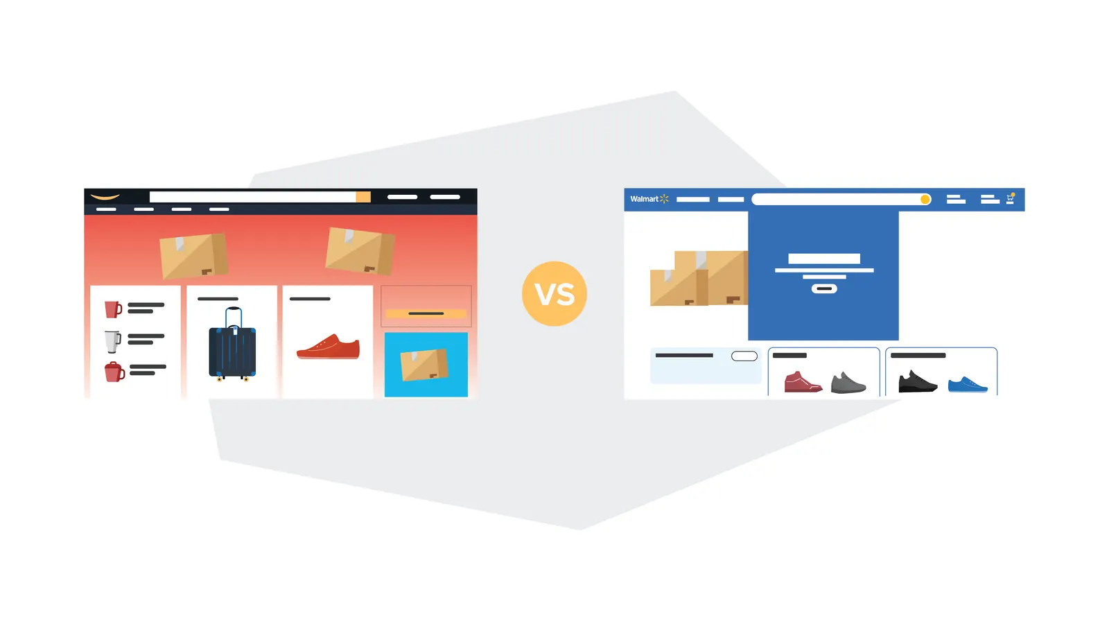 a browser displaying amazon's website side by side with a browser displaying walmart's website