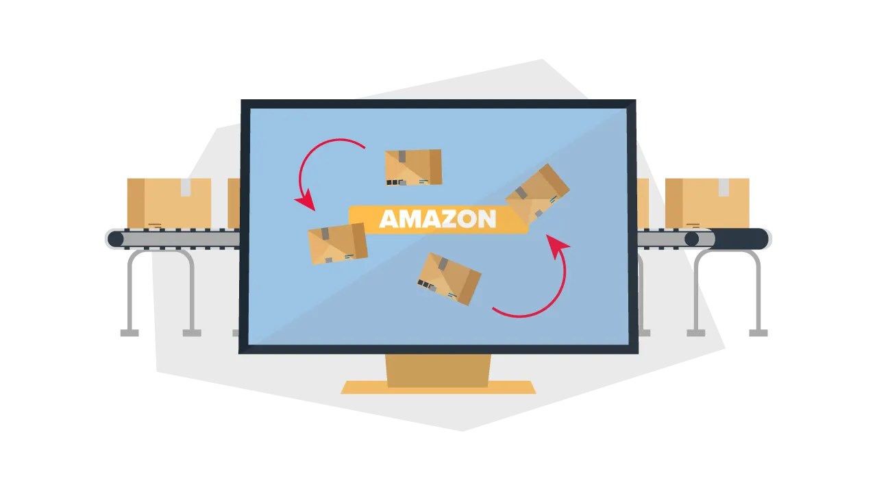 amazon inventory on a computer screen surrounded by boxes on a conveyor belt