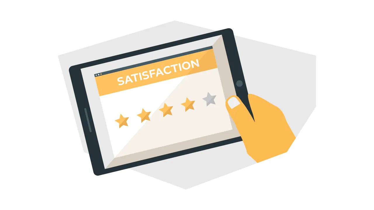 a hand holding a tablet that has a satisfaction rating