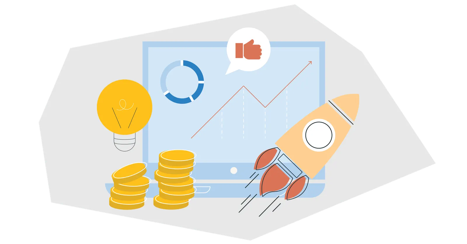a chart with an upward trending line and a rocket ship next to a stack of coins