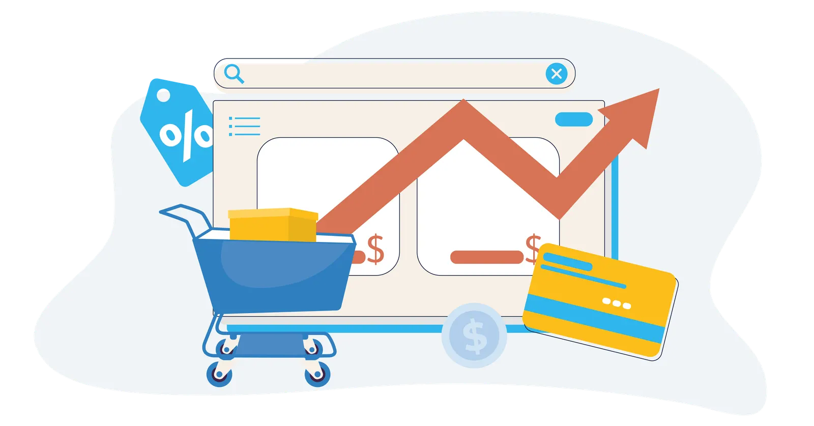 a shopping cart, credit card, and a web browser with an upward trending graph