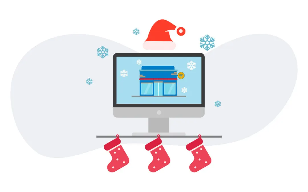 An storefront in a monitor with snowflakes, stockings, and santa clause cap