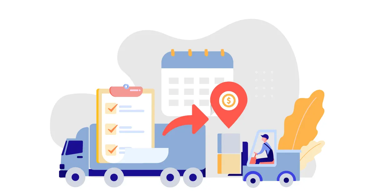 Truck carrying a clipboard checklist with arrow pointing to a location pin and a person on a forklift carrying boxes