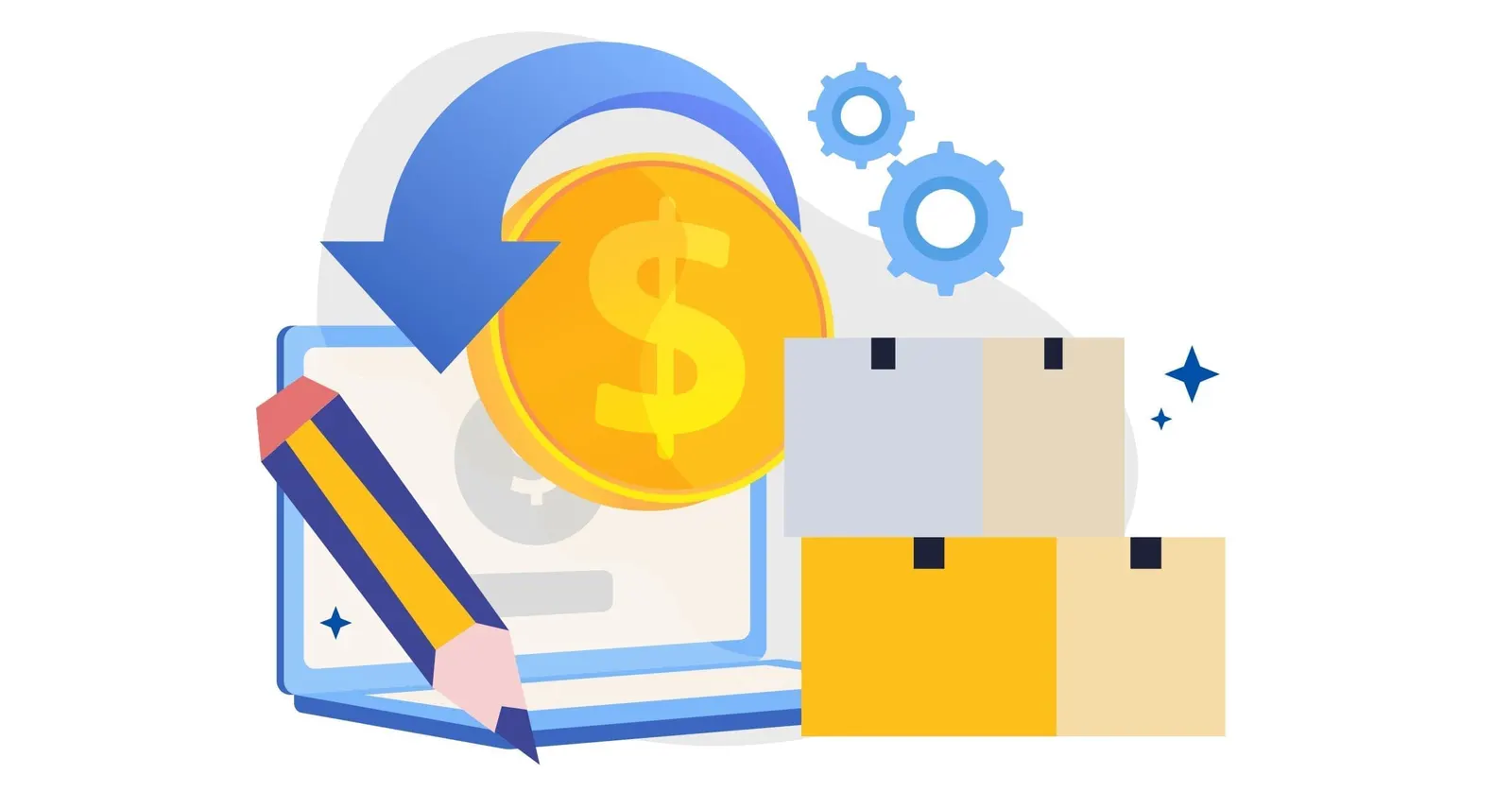 Boxes and cogs with an arrow pointing to a laptop, pencil, and coin